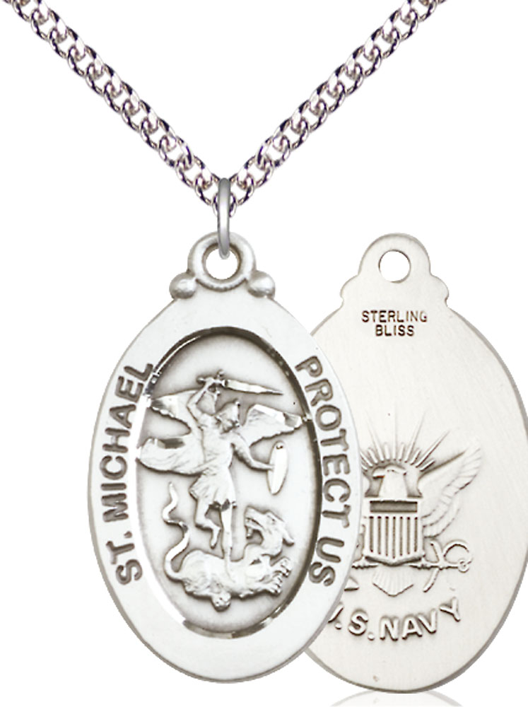 Sterling Silver Saint Michael Navy Pendant on a 24 inch Sterling Silver Heavy Curb chain