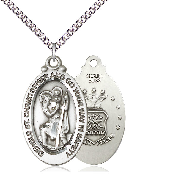 Sterling Silver Saint Christopher Air Force Pendant on a 24 inch Sterling Silver Heavy Curb chain