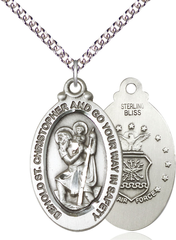 Sterling Silver Saint Christopher Air Force Pendant on a 24 inch Sterling Silver Heavy Curb chain