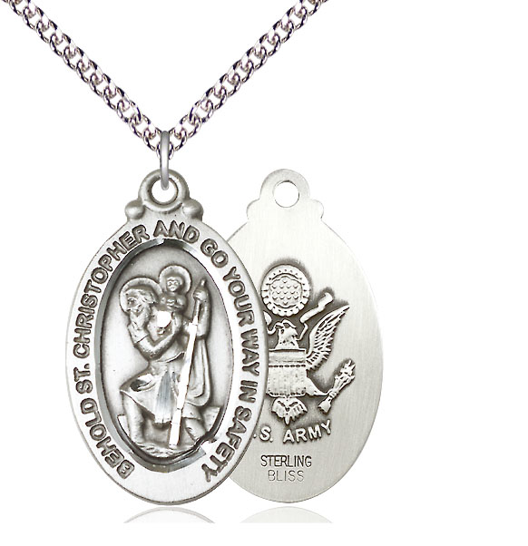 Sterling Silver Saint Christopher Army Pendant on a 24 inch Sterling Silver Heavy Curb chain