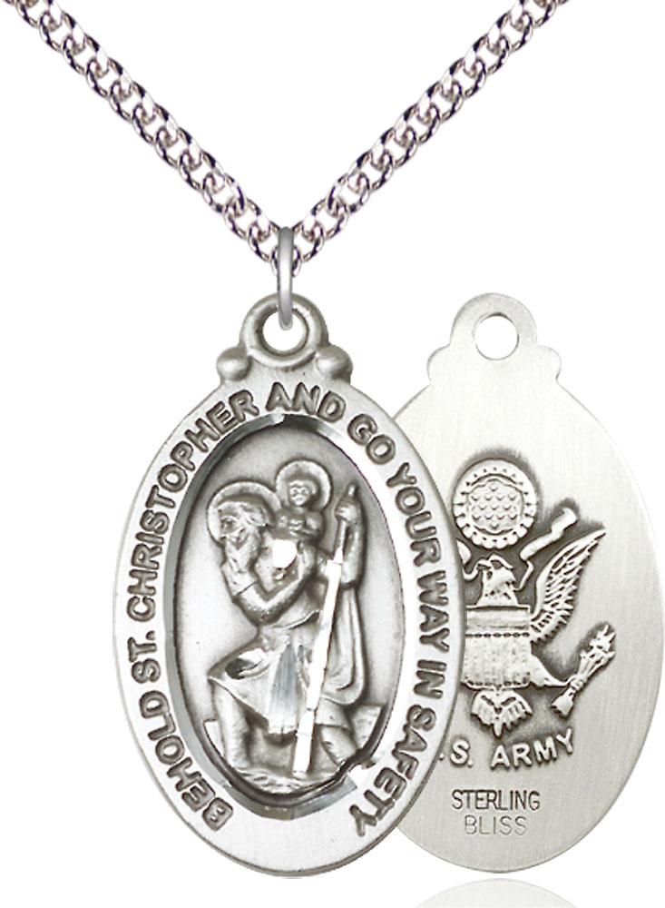 Sterling Silver Saint Christopher Army Pendant on a 24 inch Sterling Silver Heavy Curb chain