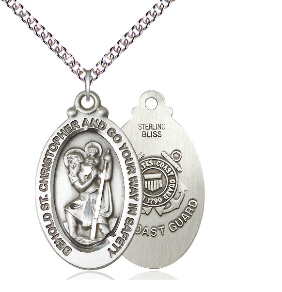 Sterling Silver Saint Christopher Coast Guard Pendant on a 24 inch Sterling Silver Heavy Curb chain