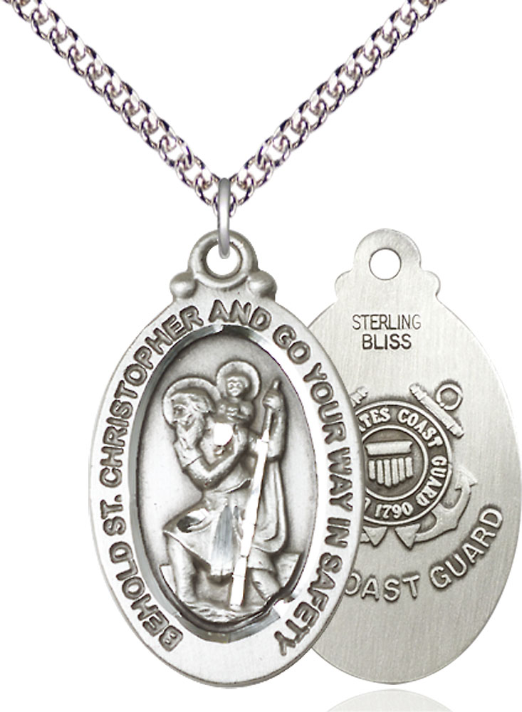 Sterling Silver Saint Christopher Coast Guard Pendant on a 24 inch Sterling Silver Heavy Curb chain