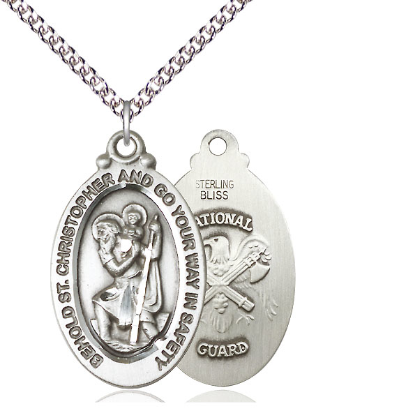 Sterling Silver Saint Christopher National Guard Pendant on a 24 inch Sterling Silver Heavy Curb chain