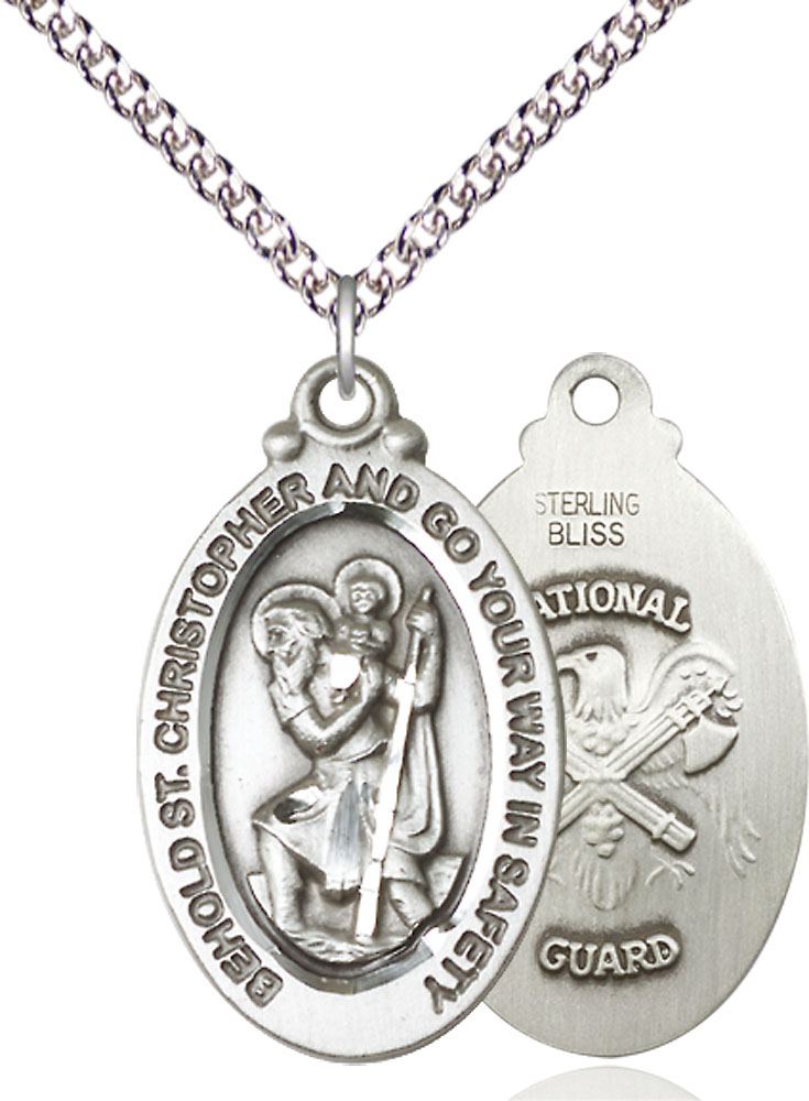 Sterling Silver Saint Christopher National Guard Pendant on a 24 inch Sterling Silver Heavy Curb chain