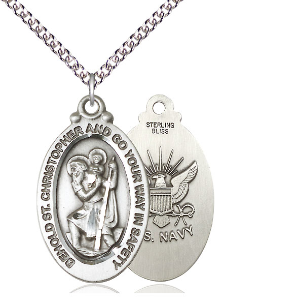 Sterling Silver Saint Christopher Navy Pendant on a 24 inch Sterling Silver Heavy Curb chain