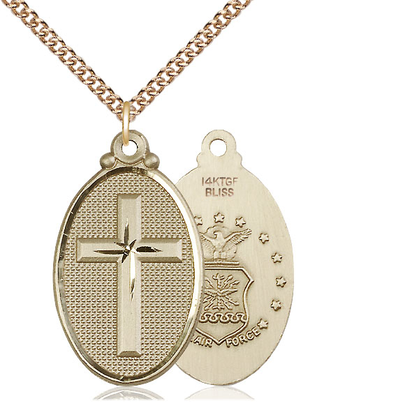 14kt Gold Filled Cross Air Force Pendant on a 24 inch Gold Filled Heavy Curb chain