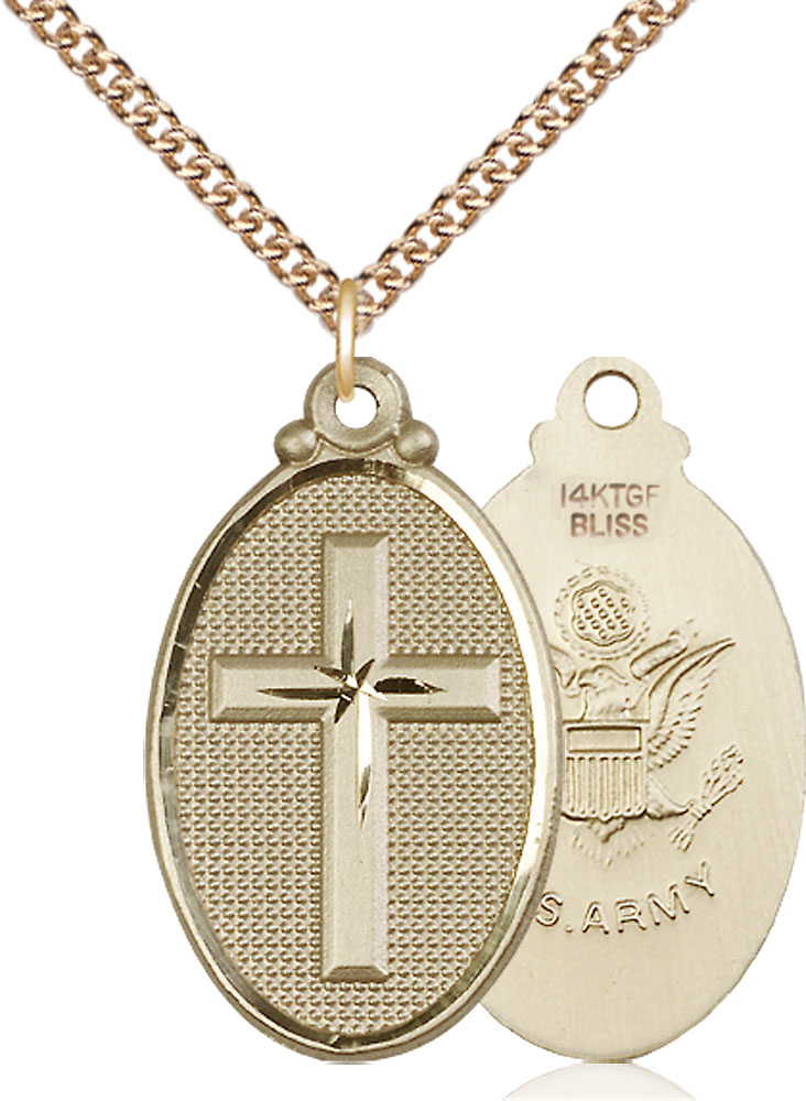 14kt Gold Filled Cross Army Pendant on a 24 inch Gold Filled Heavy Curb chain