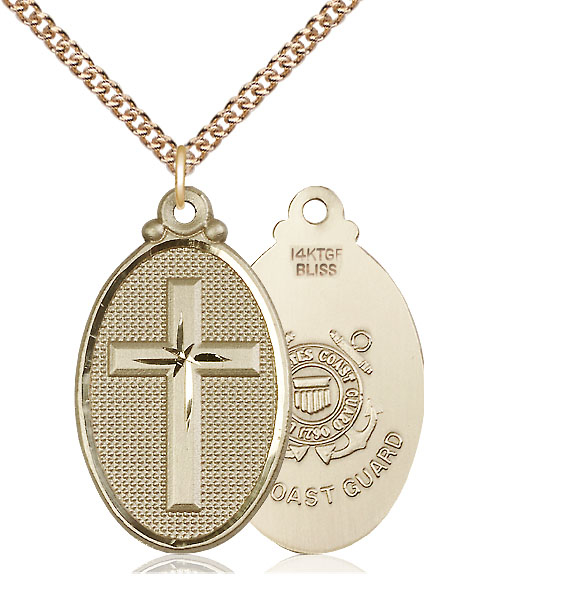 14kt Gold Filled Cross Coast Guard Pendant on a 24 inch Gold Filled Heavy Curb chain