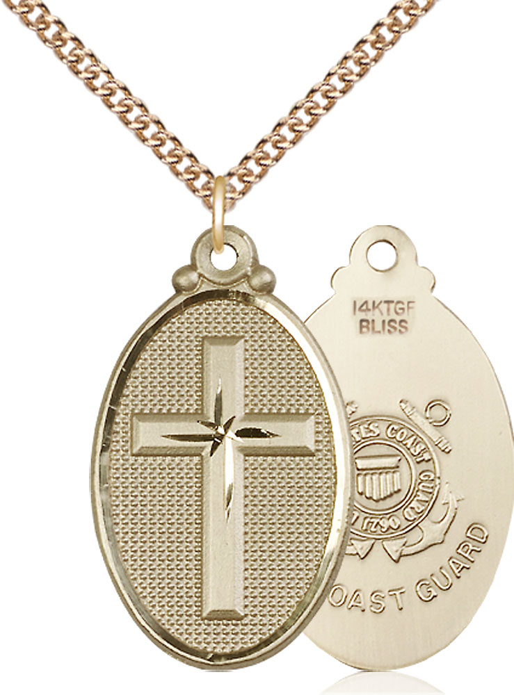 14kt Gold Filled Cross Coast Guard Pendant on a 24 inch Gold Filled Heavy Curb chain