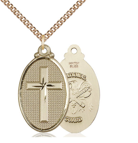 14kt Gold Filled Cross National Guard Pendant on a 24 inch Gold Filled Heavy Curb chain