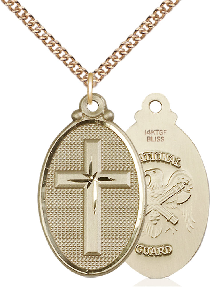 14kt Gold Filled Cross National Guard Pendant on a 24 inch Gold Filled Heavy Curb chain