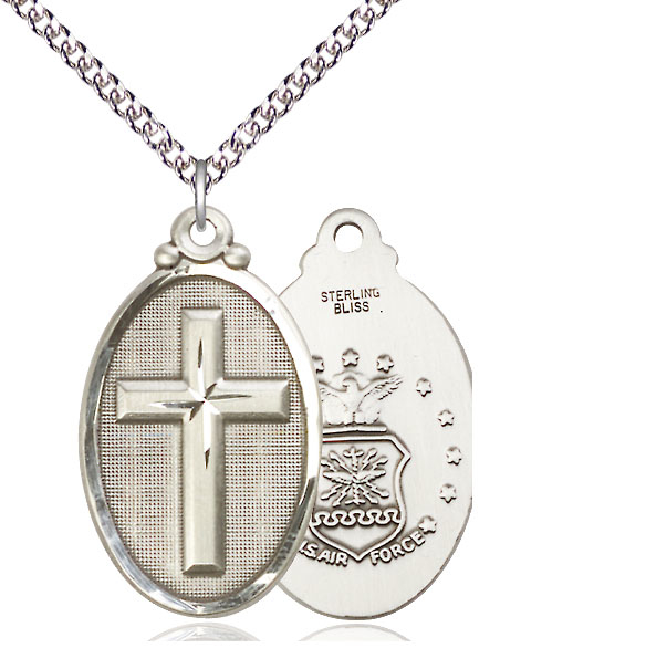 Sterling Silver Cross Air Force Pendant on a 24 inch Sterling Silver Heavy Curb chain