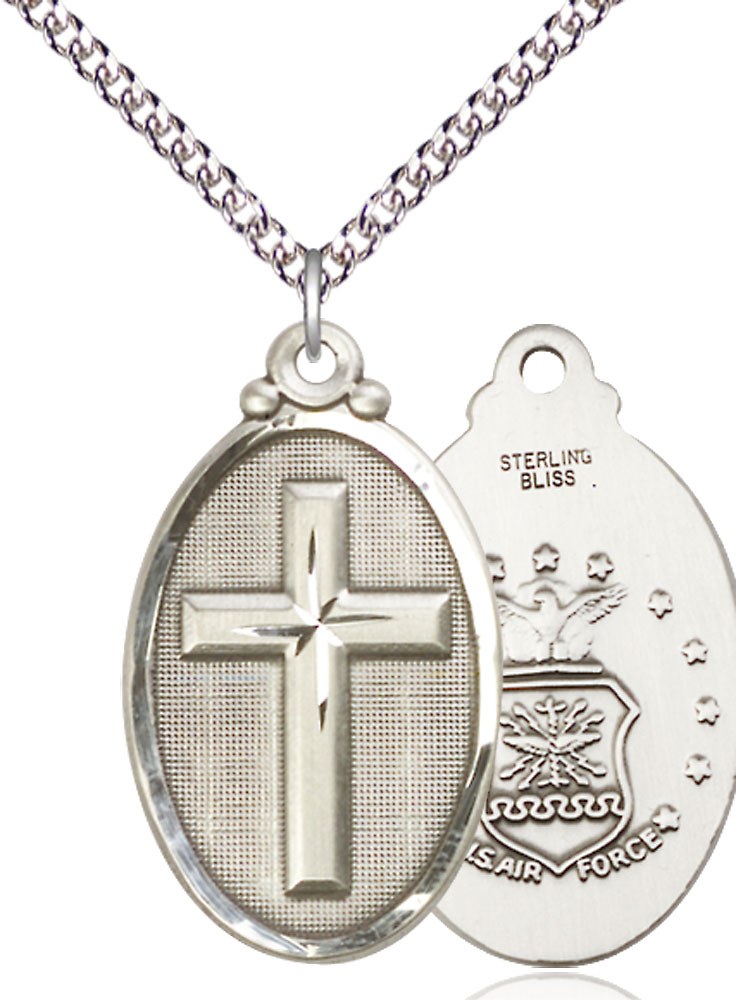 Sterling Silver Cross Air Force Pendant on a 24 inch Sterling Silver Heavy Curb chain