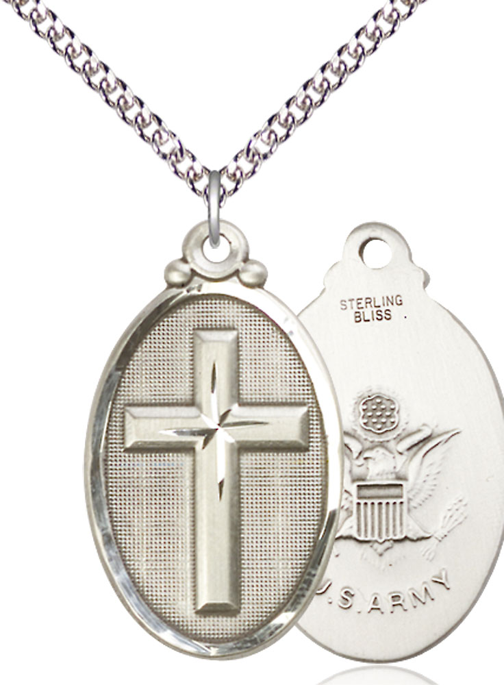 Sterling Silver Cross Army Pendant on a 24 inch Sterling Silver Heavy Curb chain