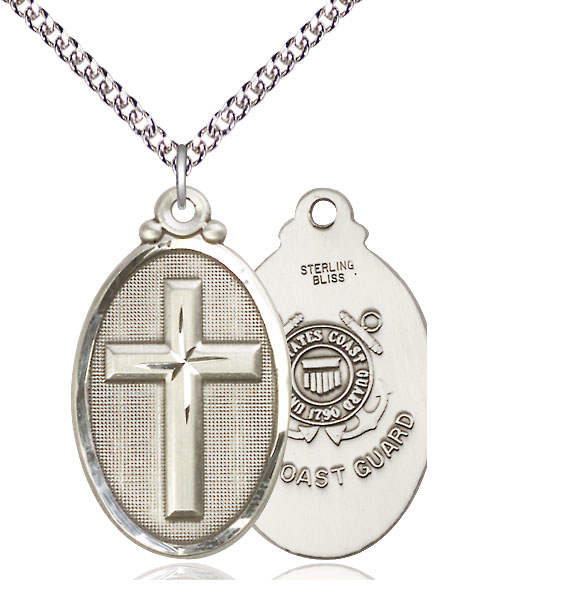 Sterling Silver Cross Coast Guard Pendant on a 24 inch Sterling Silver Heavy Curb chain