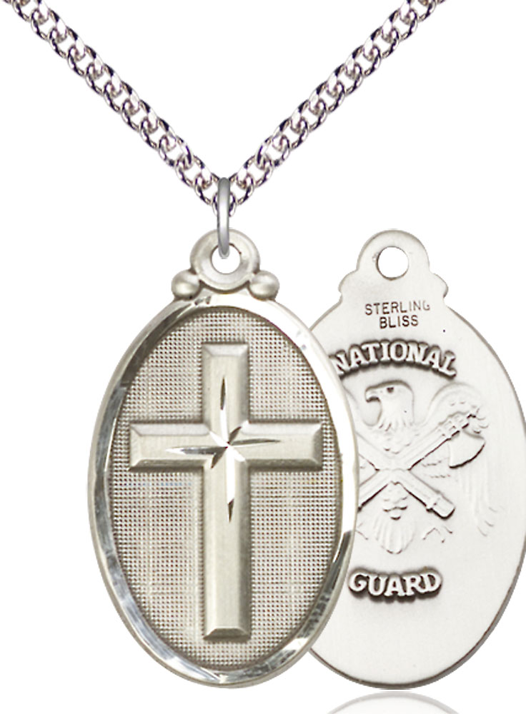 Sterling Silver Cross National Guard Pendant on a 24 inch Sterling Silver Heavy Curb chain