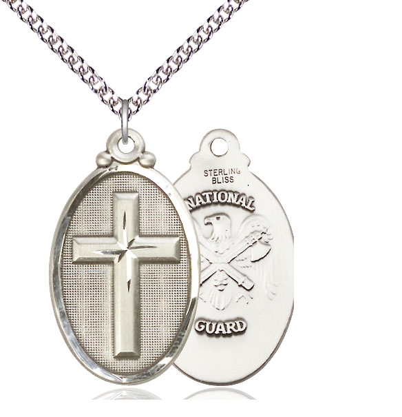 Sterling Silver Cross National Guard Pendant on a 24 inch Sterling Silver Heavy Curb chain