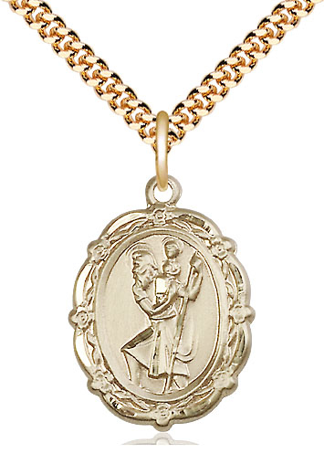 14kt Gold Filled Saint Christopher Pendant on a 24 inch Gold Plate Heavy Curb chain