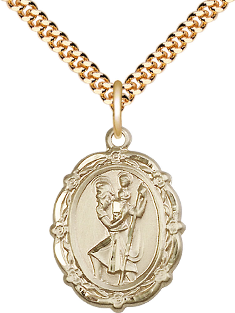 14kt Gold Filled Saint Christopher Pendant on a 24 inch Gold Plate Heavy Curb chain