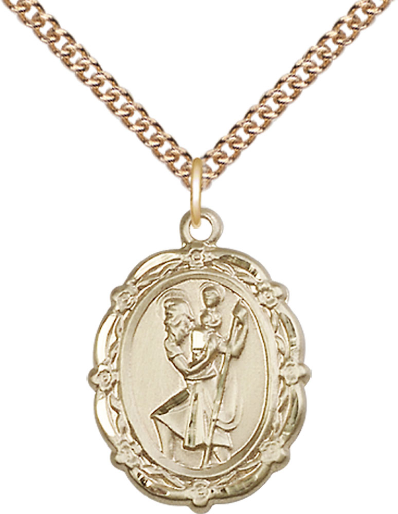 14kt Gold Filled Saint Christopher Pendant on a 24 inch Gold Filled Heavy Curb chain