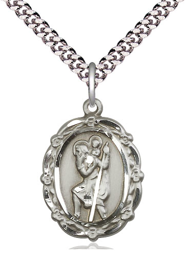 Sterling Silver Saint Christopher Pendant on a 24 inch Light Rhodium Heavy Curb chain