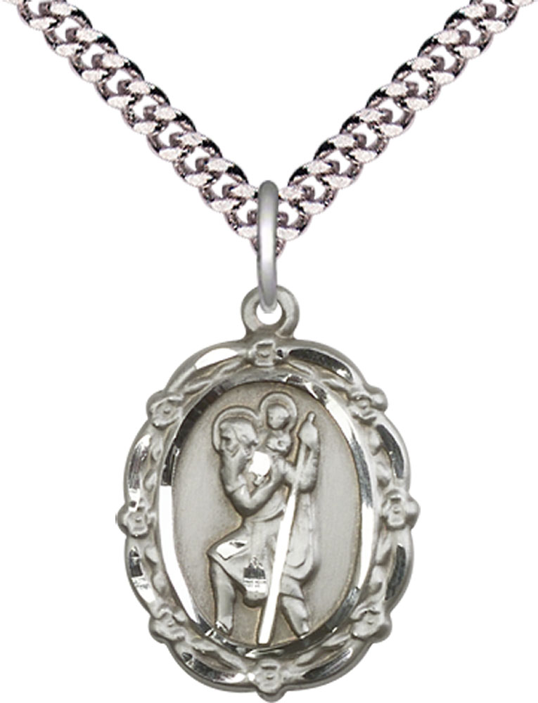 Sterling Silver Saint Christopher Pendant on a 24 inch Light Rhodium Heavy Curb chain