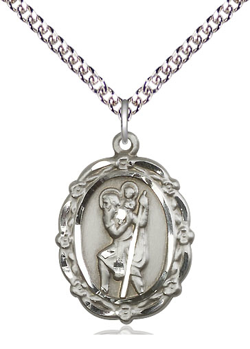 Sterling Silver Saint Christopher Pendant on a 24 inch Sterling Silver Heavy Curb chain