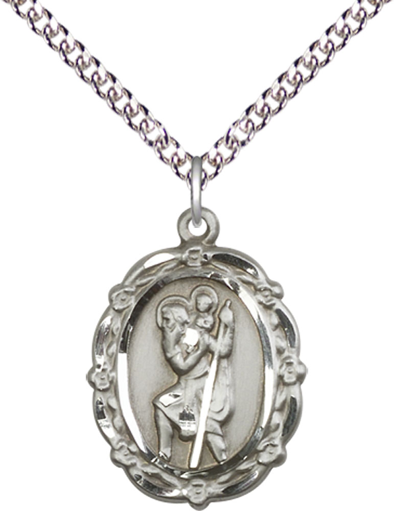 Sterling Silver Saint Christopher Pendant on a 24 inch Sterling Silver Heavy Curb chain