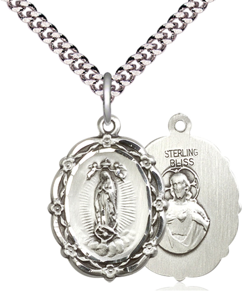 Sterling Silver Our Lady of Guadalupe Pendant on a 24 inch Light Rhodium Heavy Curb chain