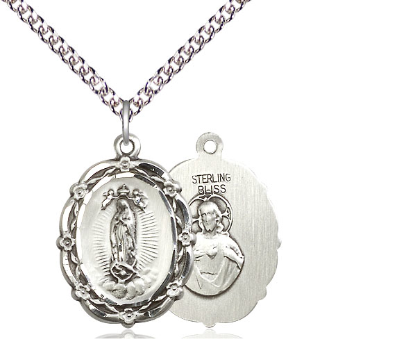 Sterling Silver Our Lady of Guadalupe Pendant on a 24 inch Sterling Silver Heavy Curb chain