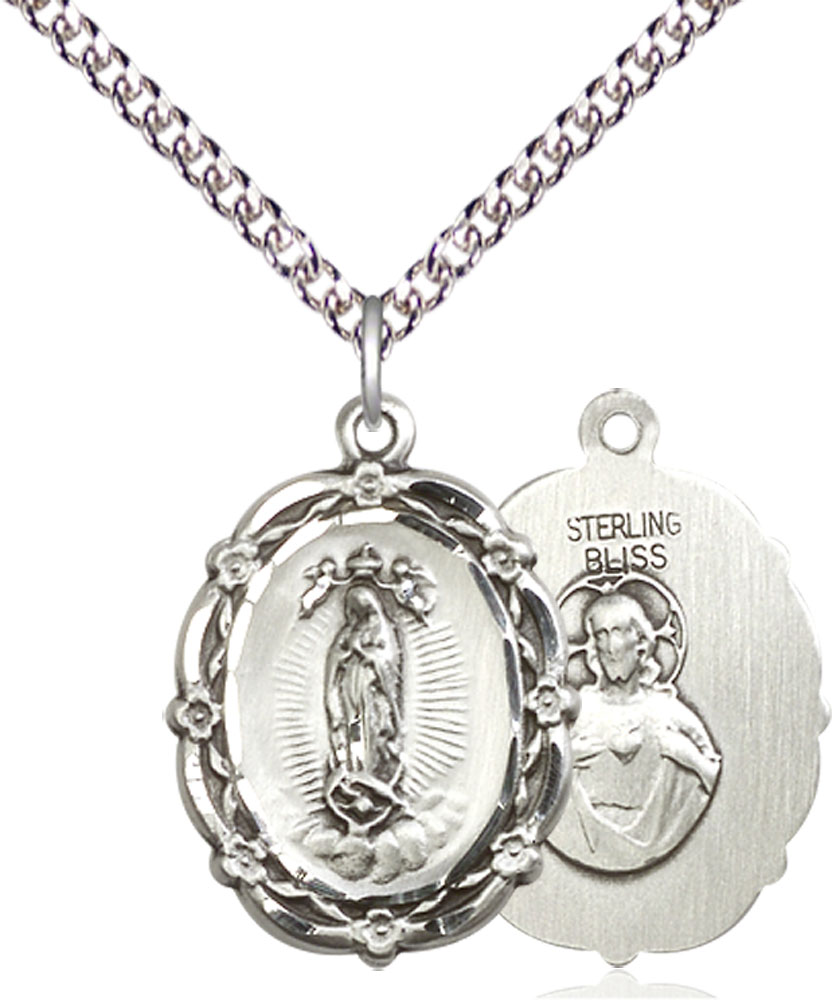 Sterling Silver Our Lady of Guadalupe Pendant on a 24 inch Sterling Silver Heavy Curb chain