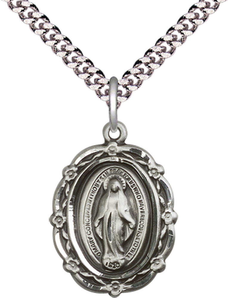 Sterling Silver Miraculous Pendant on a 24 inch Light Rhodium Heavy Curb chain