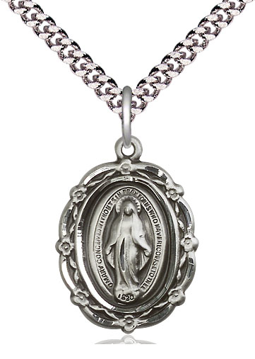 Sterling Silver Miraculous Pendant on a 24 inch Light Rhodium Heavy Curb chain