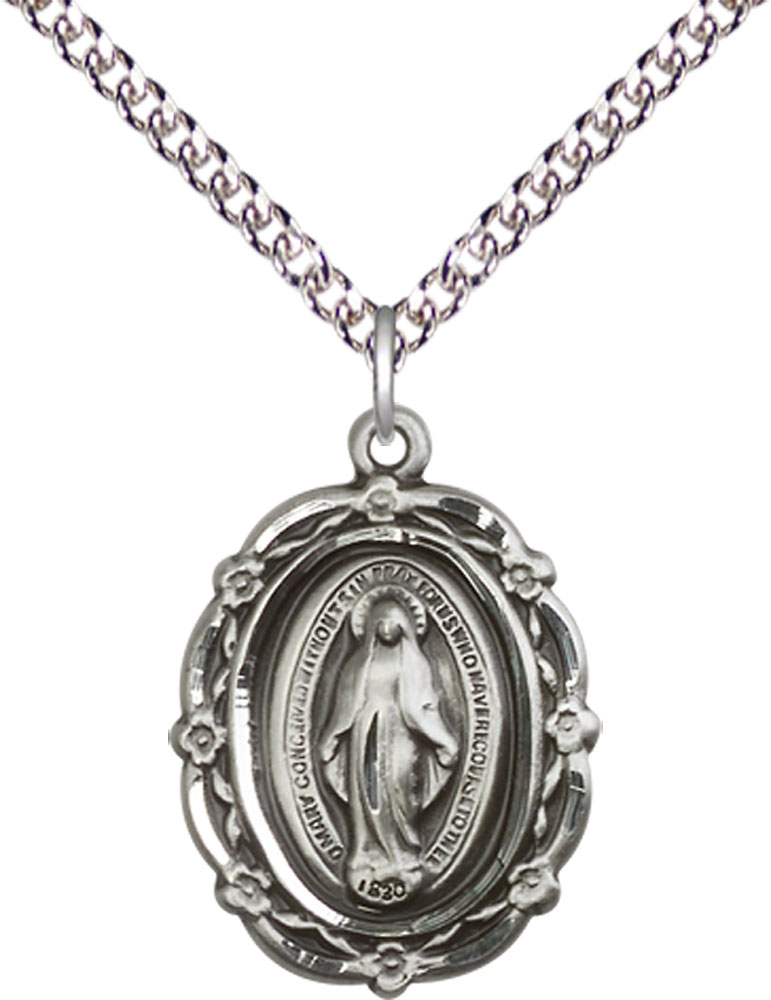 Sterling Silver Miraculous Pendant on a 24 inch Sterling Silver Heavy Curb chain