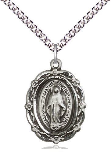 Sterling Silver Miraculous Pendant on a 24 inch Sterling Silver Heavy Curb chain