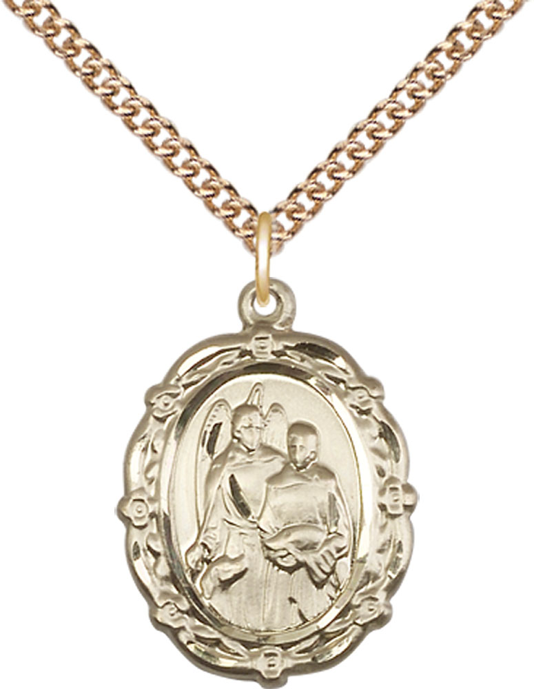 14kt Gold Filled Saint Raphael the Archangel Pendant on a 24 inch Gold Filled Heavy Curb chain