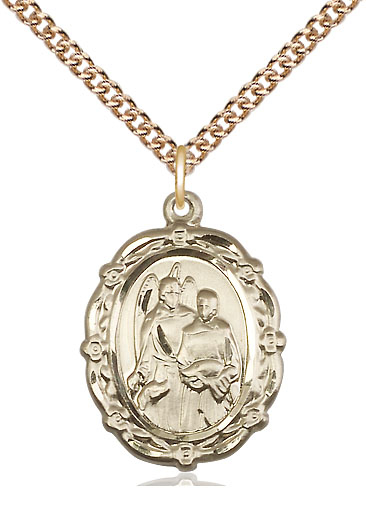 14kt Gold Filled Saint Raphael the Archangel Pendant on a 24 inch Gold Filled Heavy Curb chain