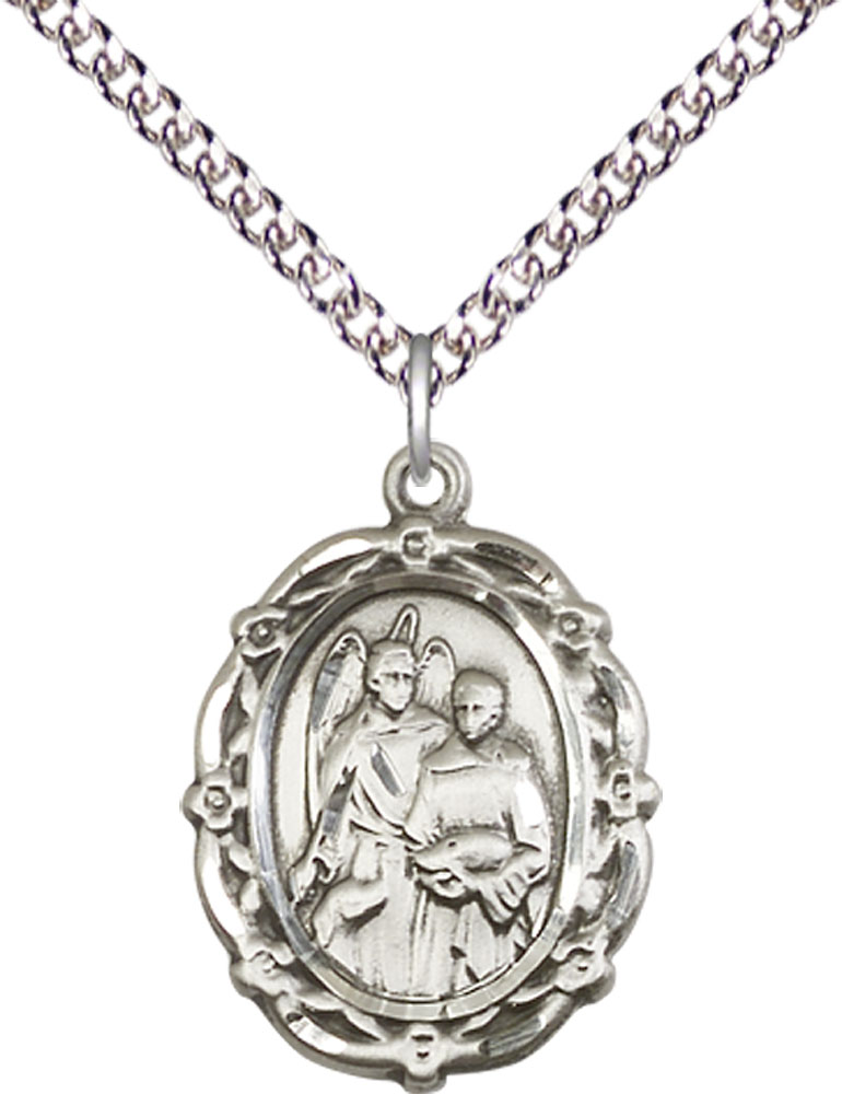 Sterling Silver Saint Raphael the Archangel Pendant on a 24 inch Sterling Silver Heavy Curb chain