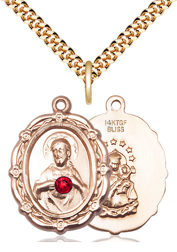 14kt Gold Filled Scapular w/ Ruby Stone Pendant with a 3mm Ruby Swarovski stone on a 24 inch Gold Plate Heavy Curb chain