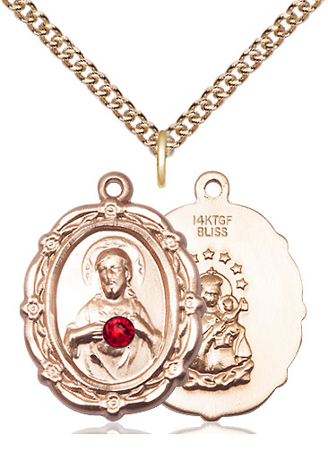 14kt Gold Filled Scapular w/ Ruby Stone Pendant with a 3mm Ruby Swarovski stone on a 24 inch Gold Filled Heavy Curb chain