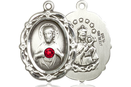 Sterling Silver Scapular w/ Ruby Stone Medal with a 3mm Ruby Swarovski stone