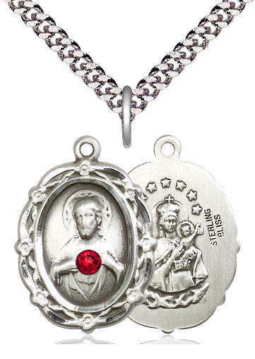 Sterling Silver Scapular w/ Ruby Stone Pendant with a 3mm Ruby Swarovski stone on a 24 inch Light Rhodium Heavy Curb chain