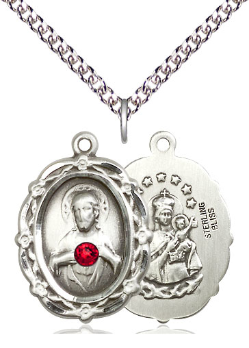 Sterling Silver Scapular w/ Ruby Stone Pendant with a 3mm Ruby Swarovski stone on a 24 inch Sterling Silver Heavy Curb chain