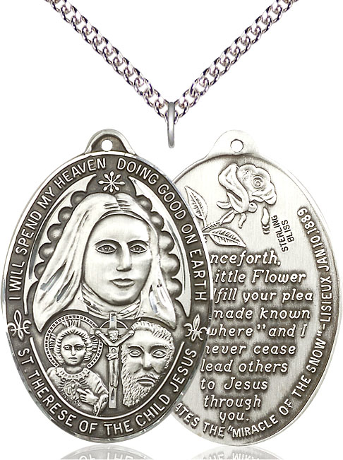 Sterling Silver Saint Therese of the Child of Jesus Pendant on a 24 inch Sterling Silver Heavy Curb chain