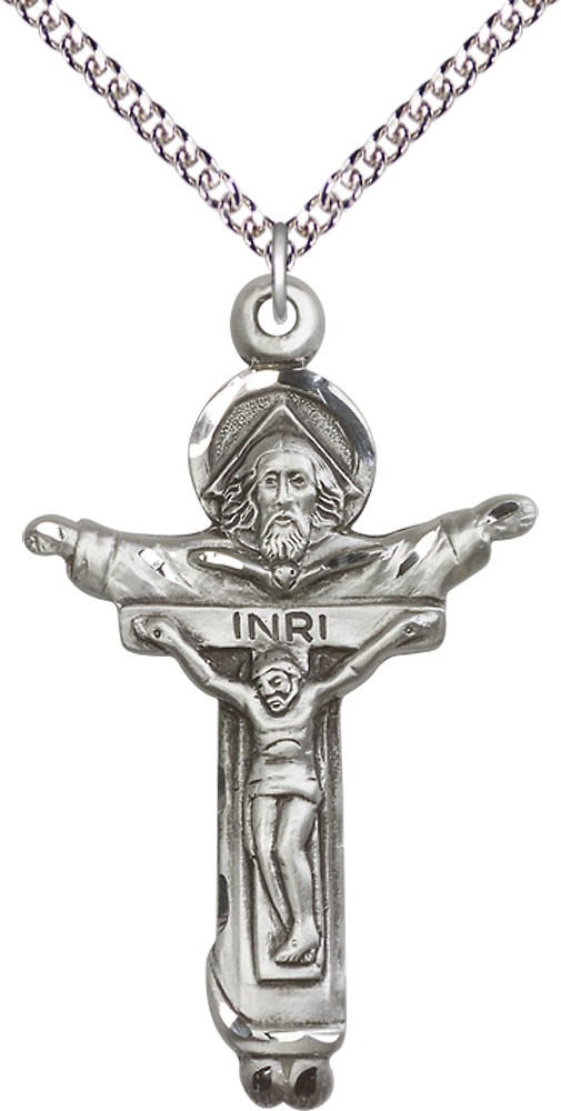 Sterling Silver Trinity Crucifix Pendant on a 24 inch Sterling Silver Heavy Curb chain