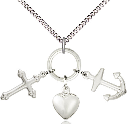 Sterling Silver Faith, Hope &amp; Charity Pendant on a 18 inch Light Rhodium Light Curb chain
