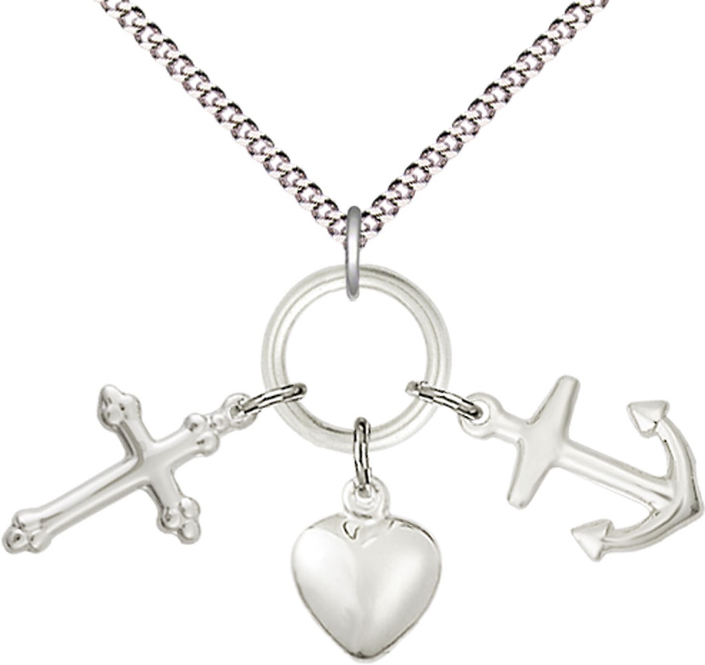 Sterling Silver Faith, Hope &amp; Charity Pendant on a 18 inch Light Rhodium Light Curb chain