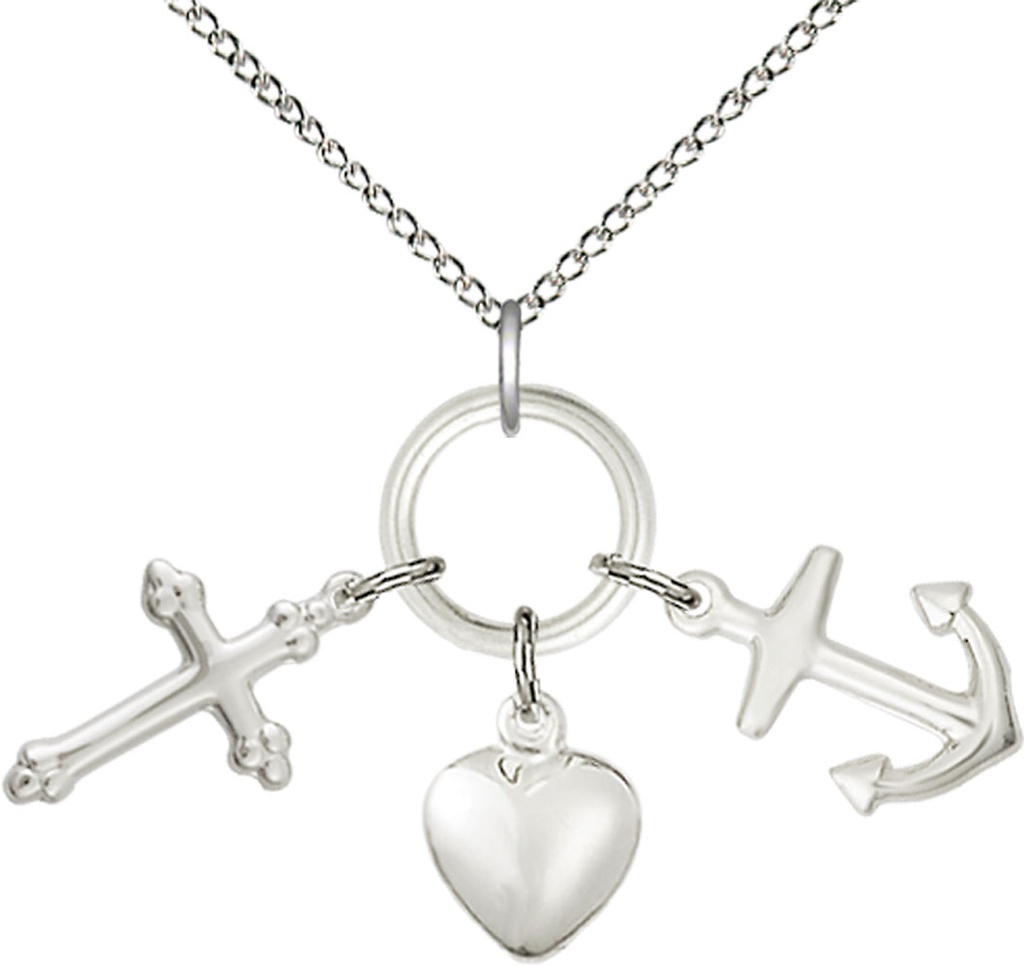 Sterling Silver Faith, Hope &amp; Charity Pendant on a 18 inch Sterling Silver Light Curb chain