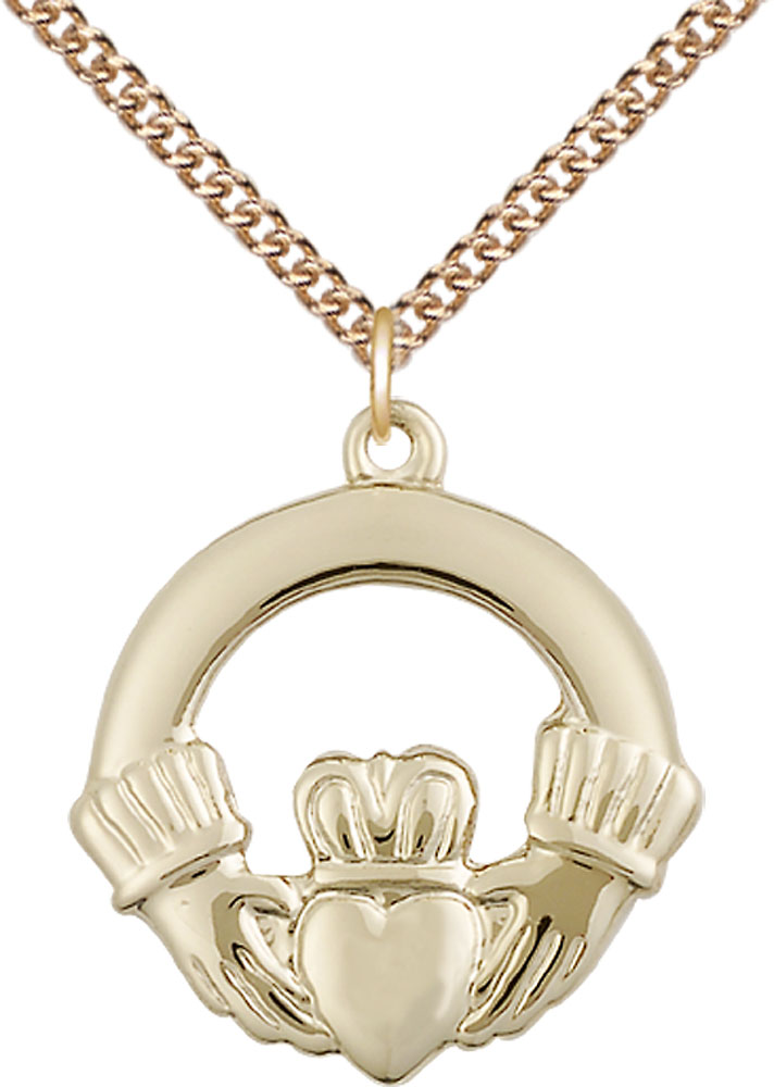 14kt Gold Filled Claggagh Pendant on a 24 inch Gold Filled Heavy Curb chain